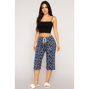 Tommy Hilfiger All Over Logo Capri Pajama Pants Navy White Womens XL